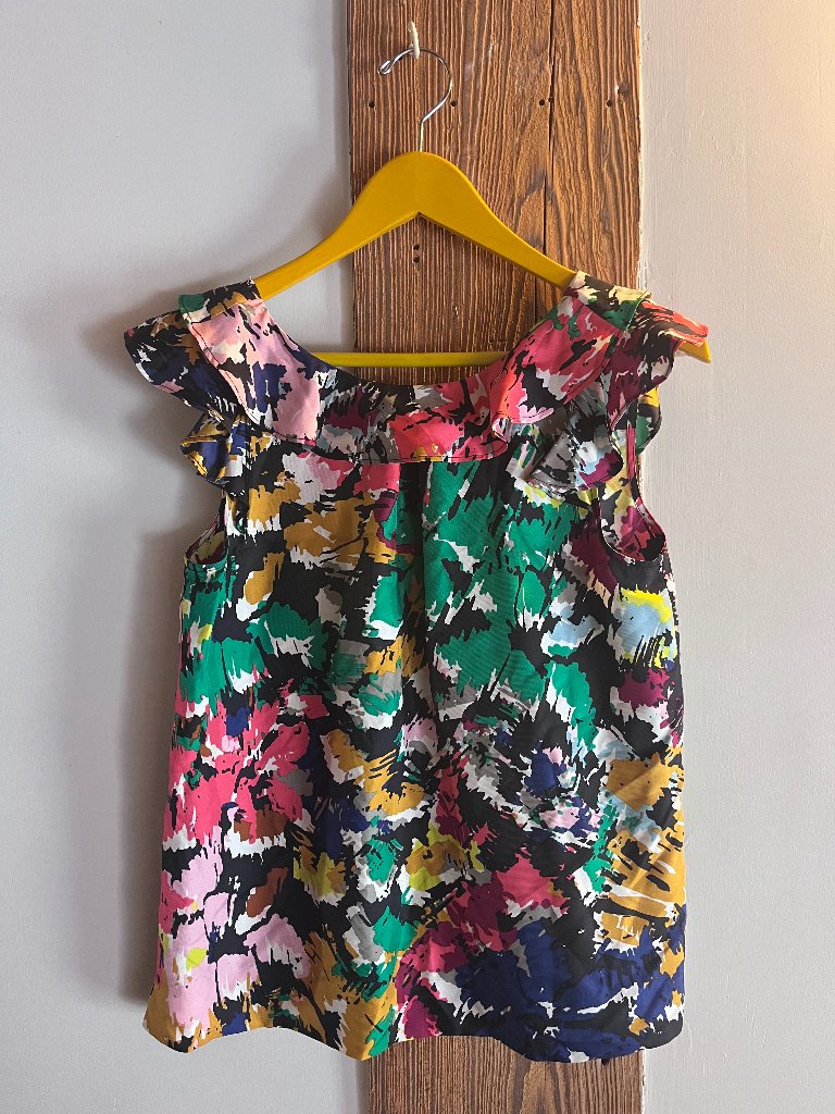 Abstract Colourful Patten Short Sleeve Blouse With Ruffled Collar And Sleeve